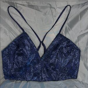 Alice McCall “Wow Crop” Metallic Navy Embroidered Bralette Top Size 4 / AUS 8
